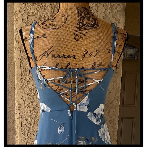 Lulus Feeling Elegant Slate Blue Floral Print Lace-Up Slit Maxi Dress Size S - Picture 4 of 7